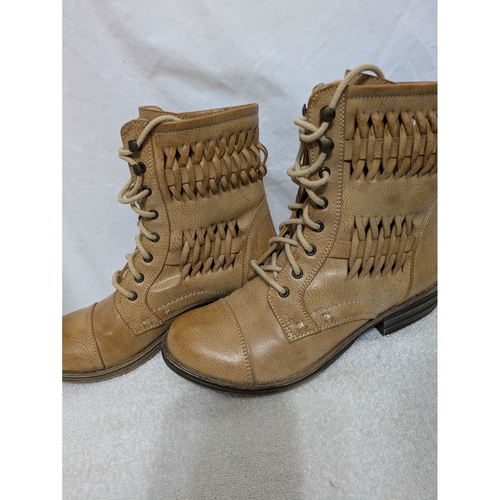 Nine West Triumph3Y Tan Woven Lace-Up Combat Boots Women's Size 6M
